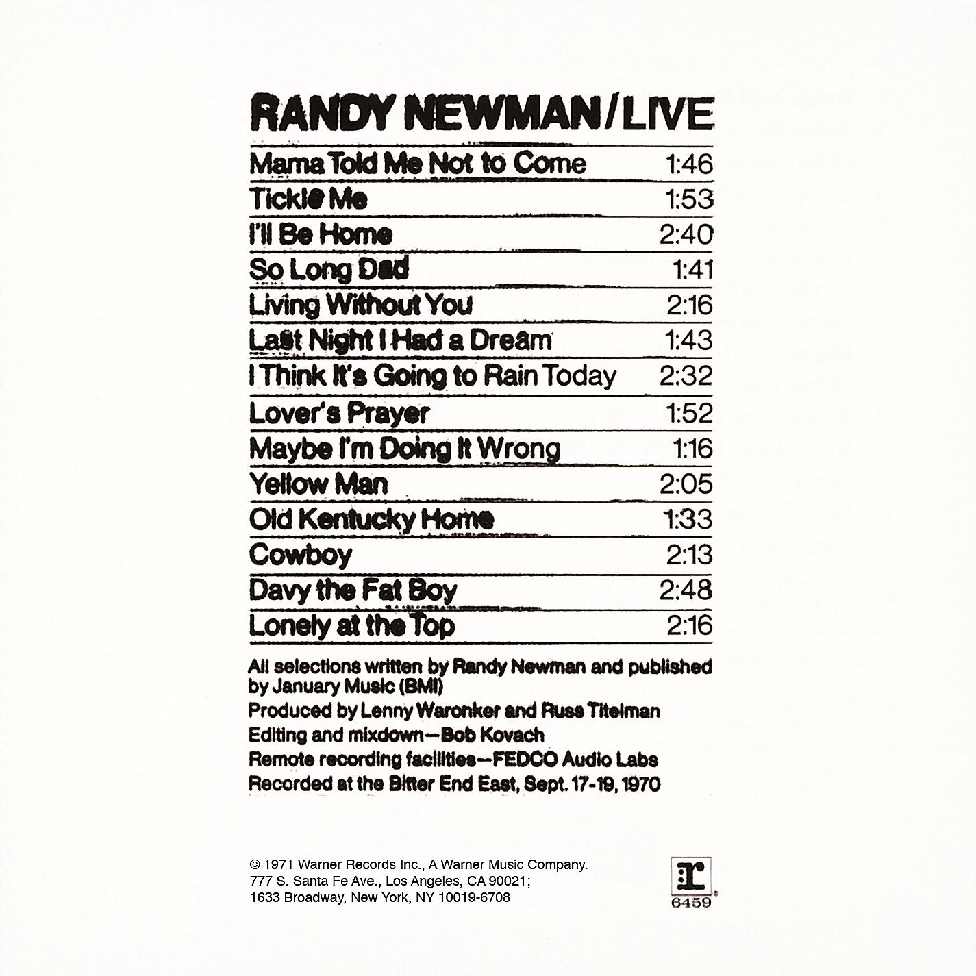 Постер альбома Randy Newman / Live